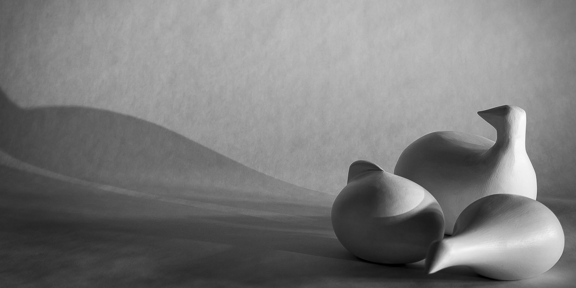 Black and white photographic still life of abstract wooden birds.